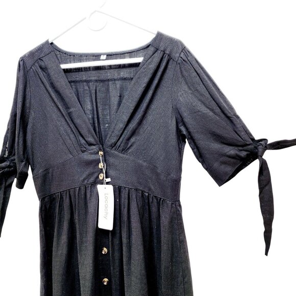 LocachyBuffalo Black womens Mariposa V Neck Button Front Dress Linen Size S - Picture 8 of 16